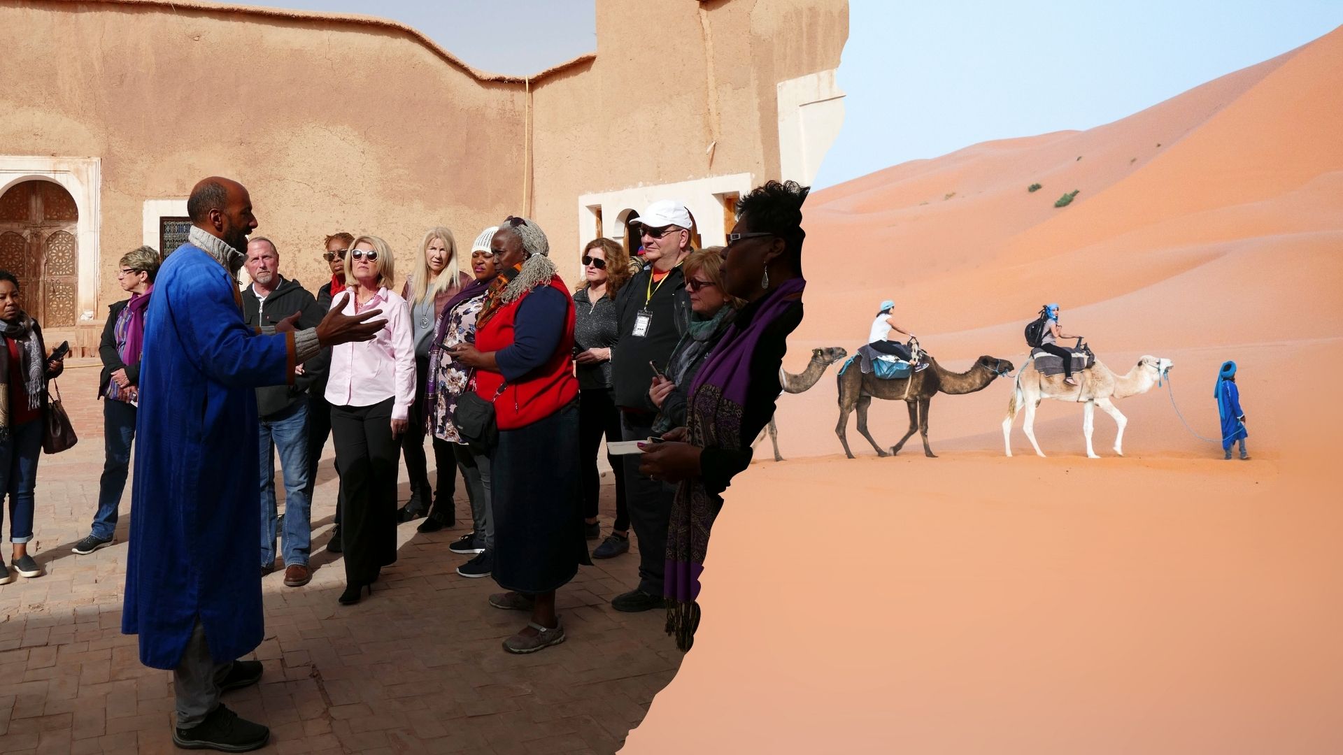 Il gruppo con la guida e la carovana nel deserto